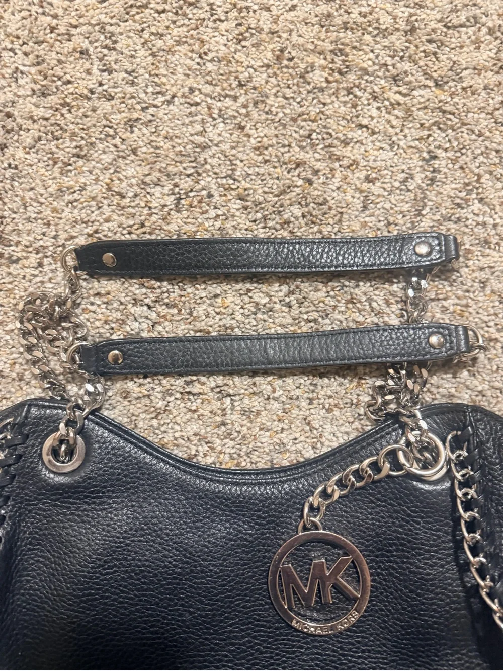Michael Kors Black Leather Shoulder Tote with Silver Chain Trim